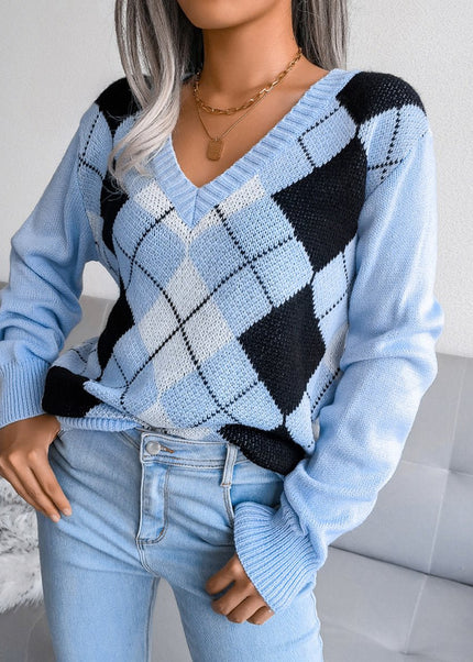Geometric V - Neck Sweater - Trendsi