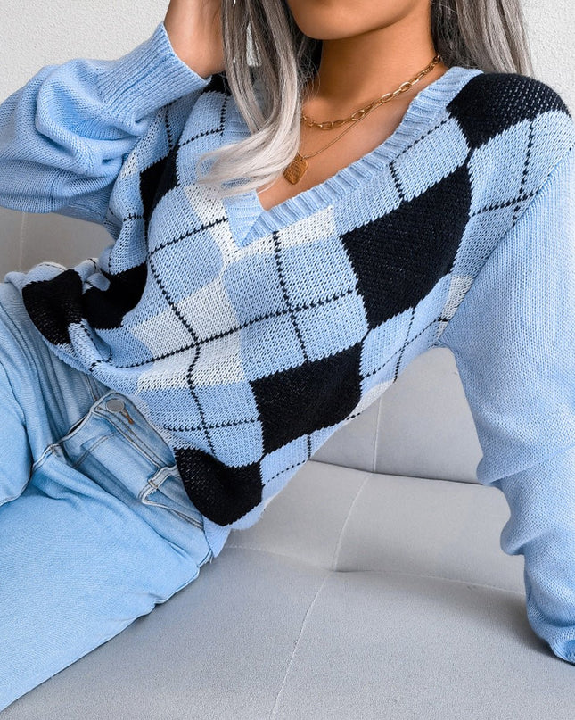 Geometric V - Neck Sweater - Trendsi
