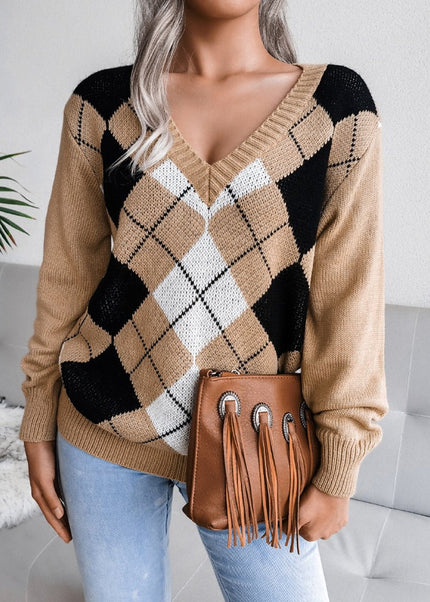 Geometric V - Neck Sweater - Trendsi