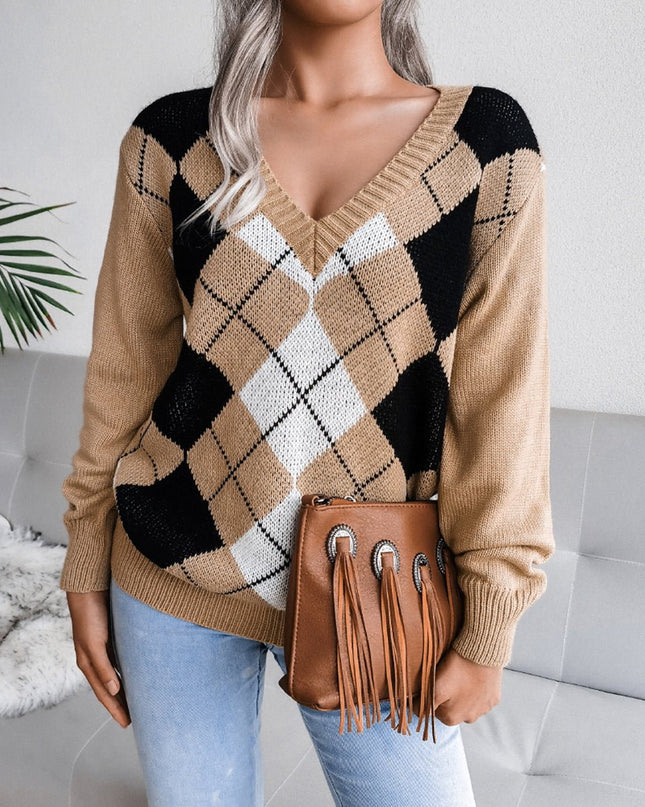 Geometric V - Neck Sweater - Trendsi