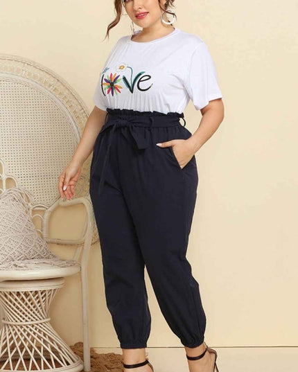 Graphic Tee and Belted Paperbag Joggers Set - Trendsi