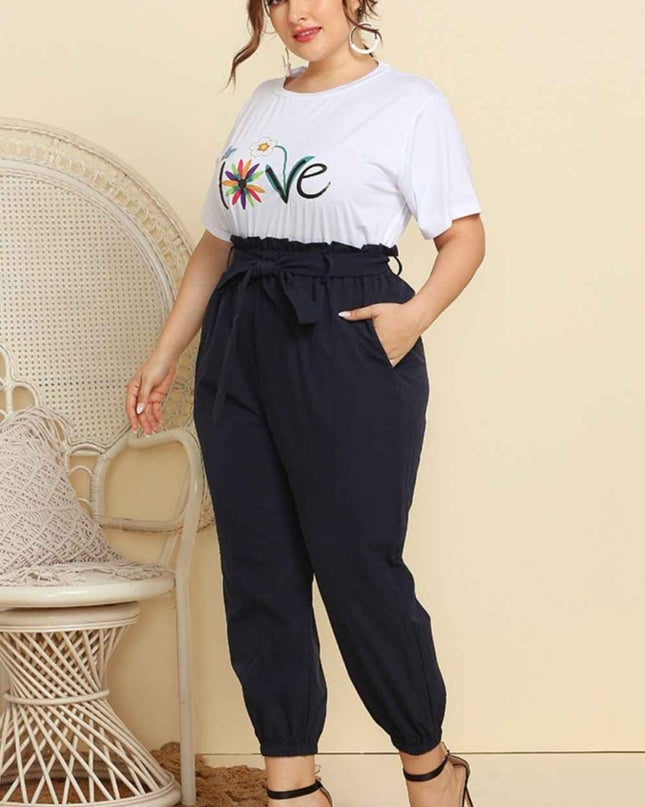 Graphic Tee and Belted Paperbag Joggers Set - Trendsi