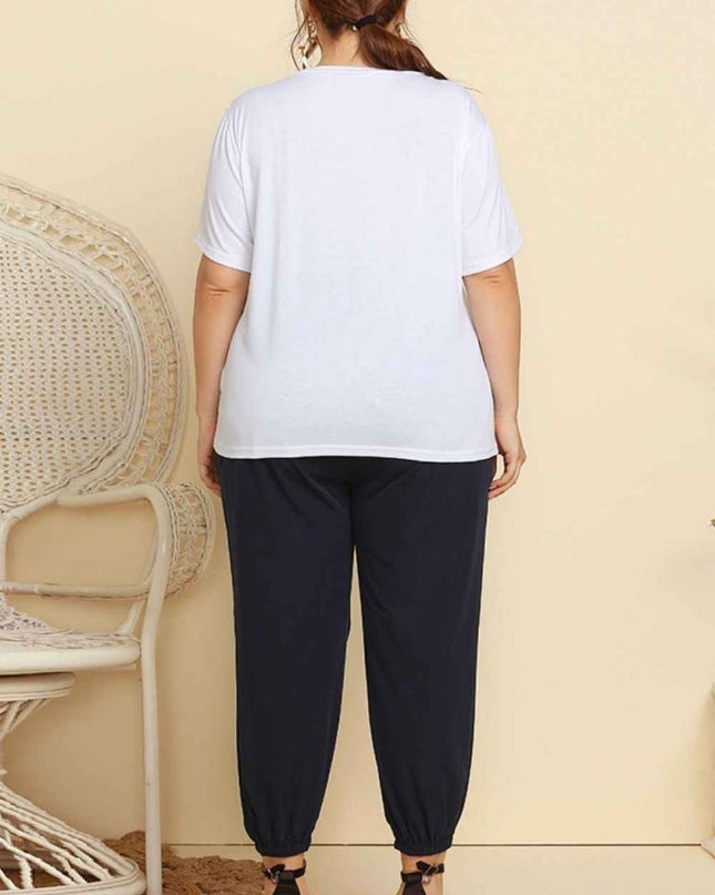 Graphic Tee and Belted Paperbag Joggers Set - Trendsi