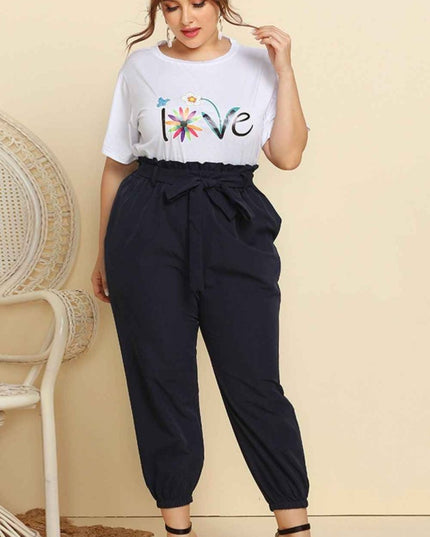 Graphic Tee and Belted Paperbag Joggers Set - Trendsi