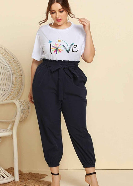 Graphic Tee and Belted Paperbag Joggers Set - Trendsi