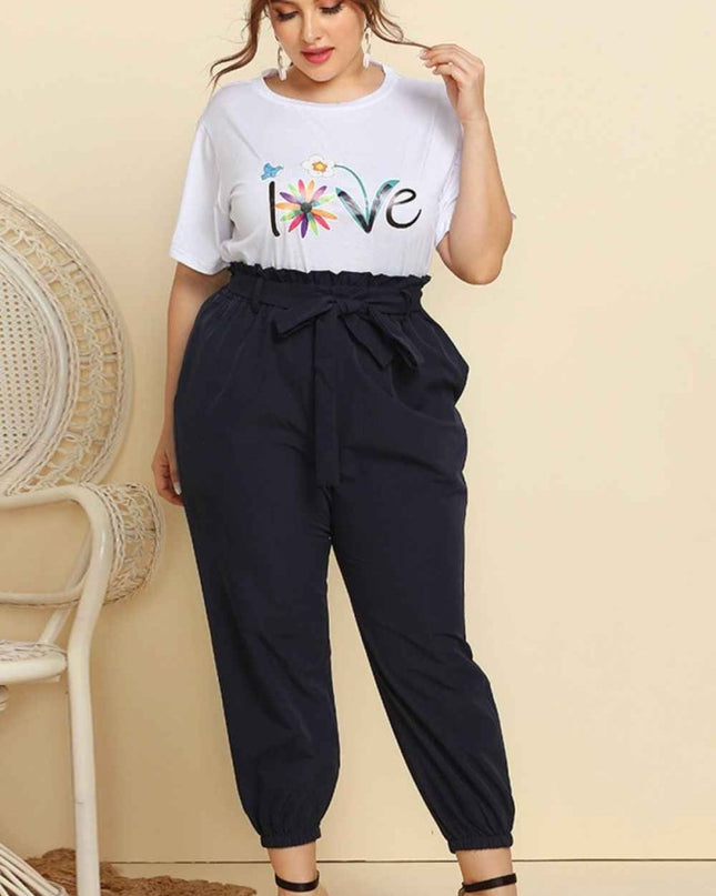 Graphic Tee and Belted Paperbag Joggers Set - Trendsi