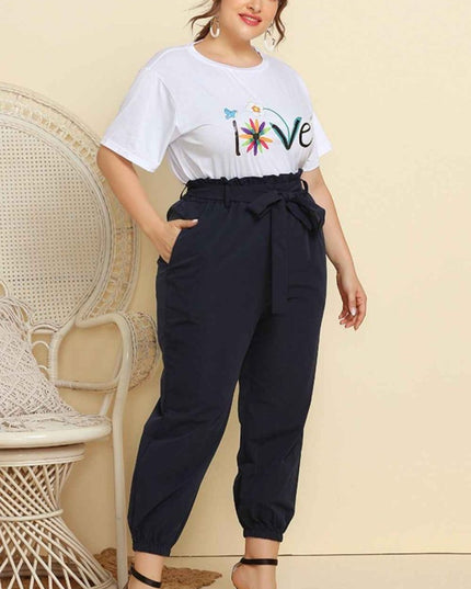Graphic Tee and Belted Paperbag Joggers Set - Trendsi