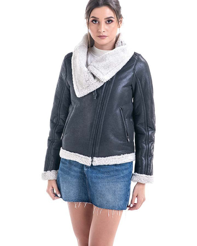Gray Shearling Leather Jacket with Merino Fur Detailing - Leather Jackets - Buy Me Fur Ltd