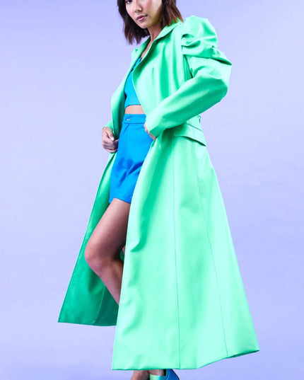 Green Eco Leather Grande Maxi Trench Coat - Faux Leather Coats - Buy Me Fur Ltd