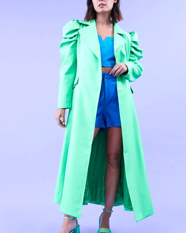 Green Eco Leather Grande Maxi Trench Coat - Faux Leather Coats - Buy Me Fur Ltd