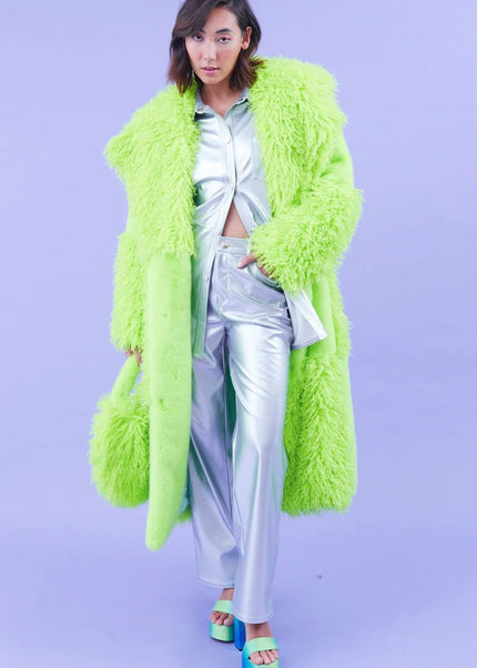 Green Faux Mongolian Fur Bamboo Long Women's Winter Coat - Faux Fur Coats - Buy Me Fur Ltd