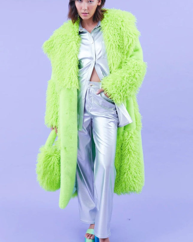 Green Faux Mongolian Fur Bamboo Long Women's Winter Coat - Faux Fur Coats - Buy Me Fur Ltd