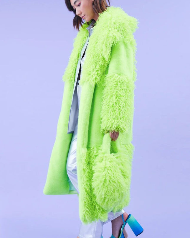 Green Faux Mongolian Fur Bamboo Long Women's Winter Coat - Faux Fur Coats - Buy Me Fur Ltd
