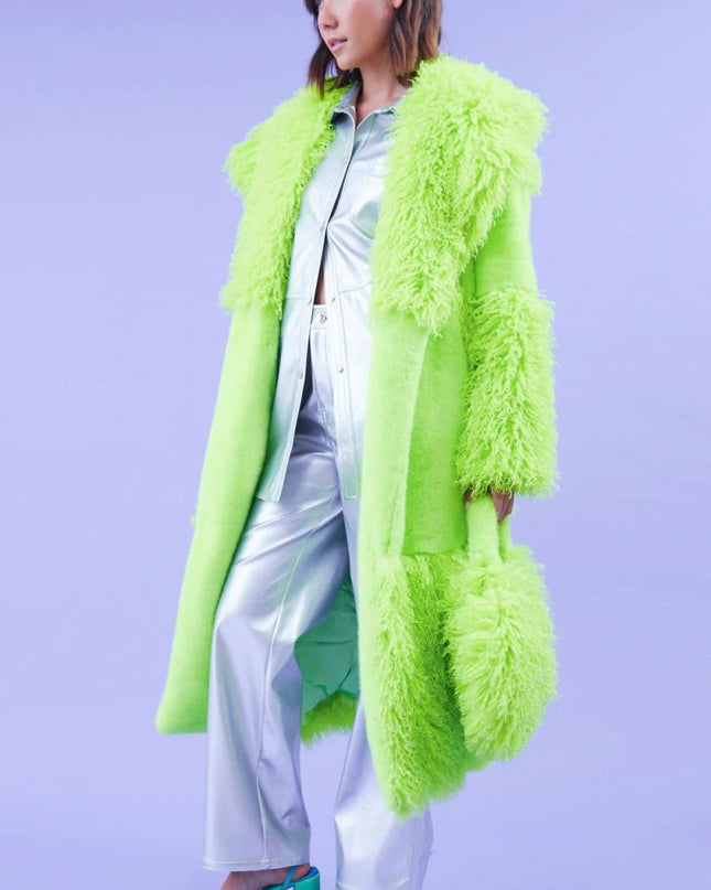 Green Faux Mongolian Fur Bamboo Long Women's Winter Coat - Faux Fur Coats - Buy Me Fur Ltd