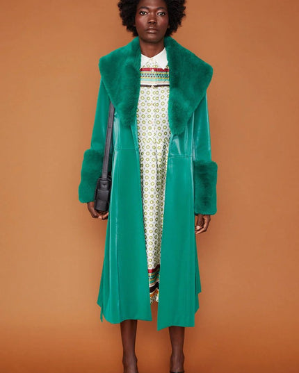 Green Suede Trench Coat with Faux Fur Collar - Chic & Cozy - Faux Leather Coats - Buy Me Fur Ltd