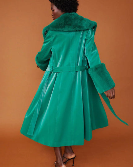 Green Suede Trench Coat with Faux Fur Collar - Chic & Cozy - Faux Leather Coats - Buy Me Fur Ltd