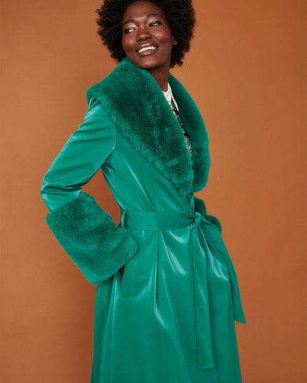 Green Suede Trench Coat with Faux Fur Collar - Chic & Cozy - Faux Leather Coats - Buy Me Fur Ltd