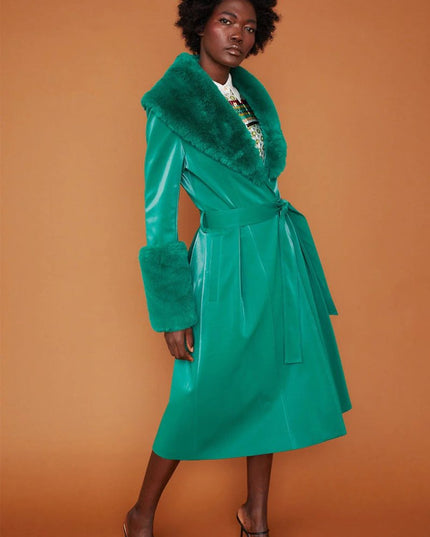 Green Suede Trench Coat with Faux Fur Collar - Chic & Cozy - Faux Leather Coats - Buy Me Fur Ltd