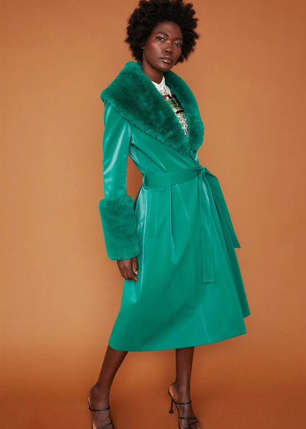 Green Suede Trench Coat with Faux Fur Collar - Chic & Cozy - Faux Leather Coats - Buy Me Fur Ltd