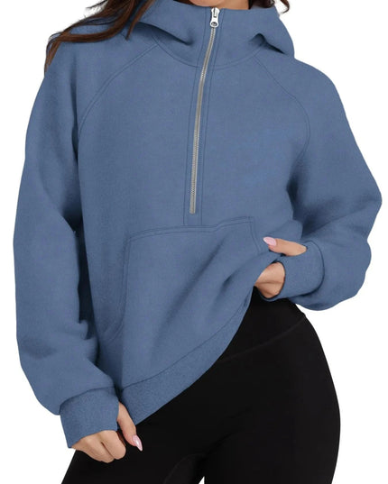 Half - Zip Hoodie with Kangaroo Pocket - Trendsi