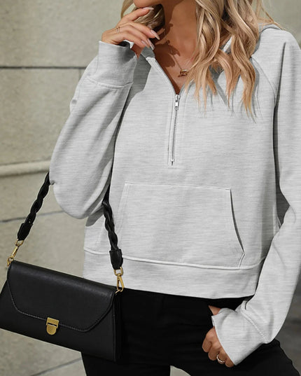Half - Zip Hoodie with Kangaroo Pocket - Trendsi