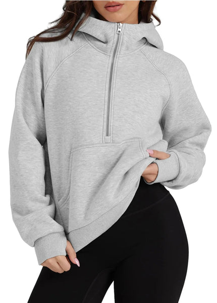 Half - Zip Hoodie with Kangaroo Pocket - Trendsi