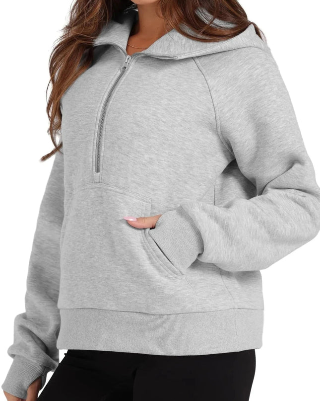 Half - Zip Hoodie with Kangaroo Pocket - Trendsi