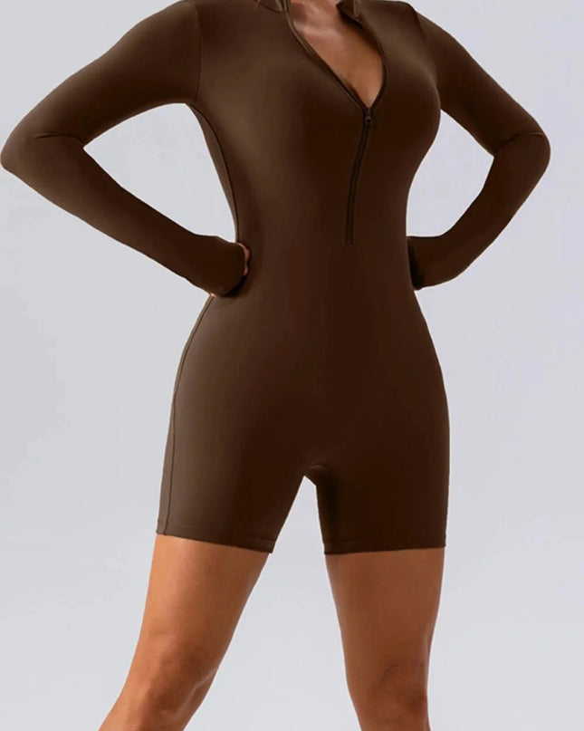 Half Zip Long Sleeve Active Romper - Trendsi