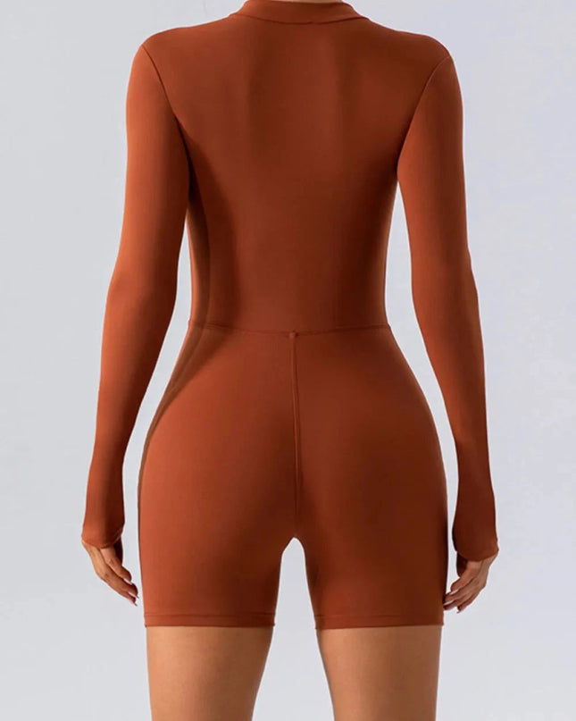 Half Zip Long Sleeve Active Romper - Trendsi