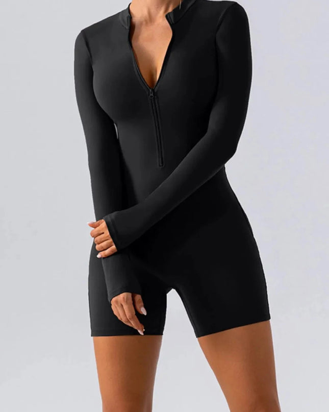 Half Zip Long Sleeve Active Romper - Trendsi