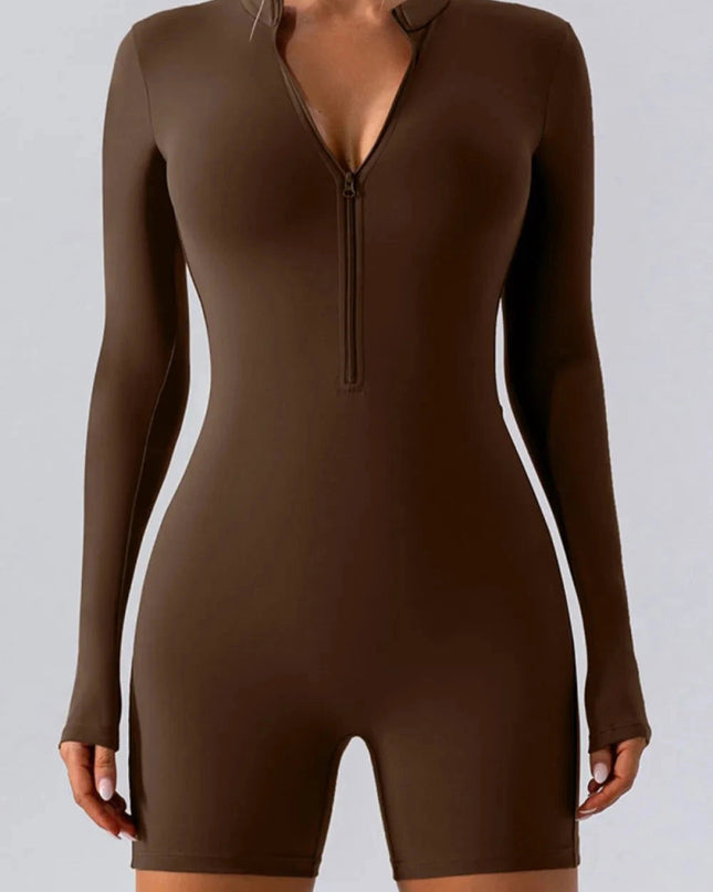 Half Zip Long Sleeve Active Romper - Trendsi