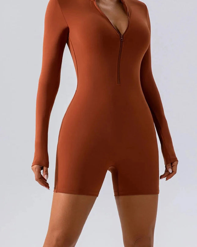 Half Zip Long Sleeve Active Romper - Trendsi