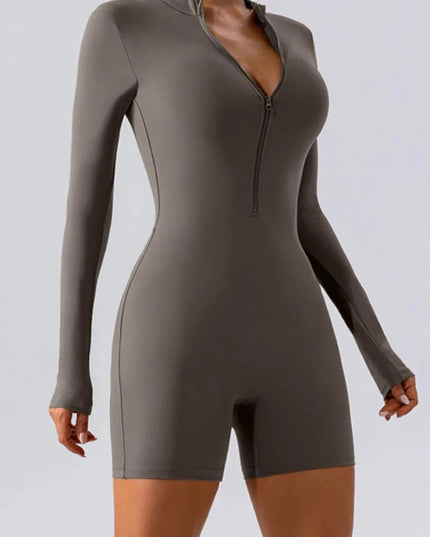 Half Zip Long Sleeve Active Romper - Trendsi