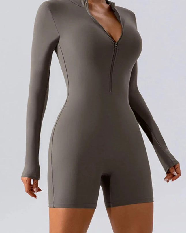 Half Zip Long Sleeve Active Romper - Trendsi