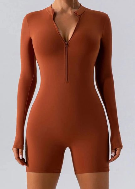 Half Zip Long Sleeve Active Romper - Trendsi