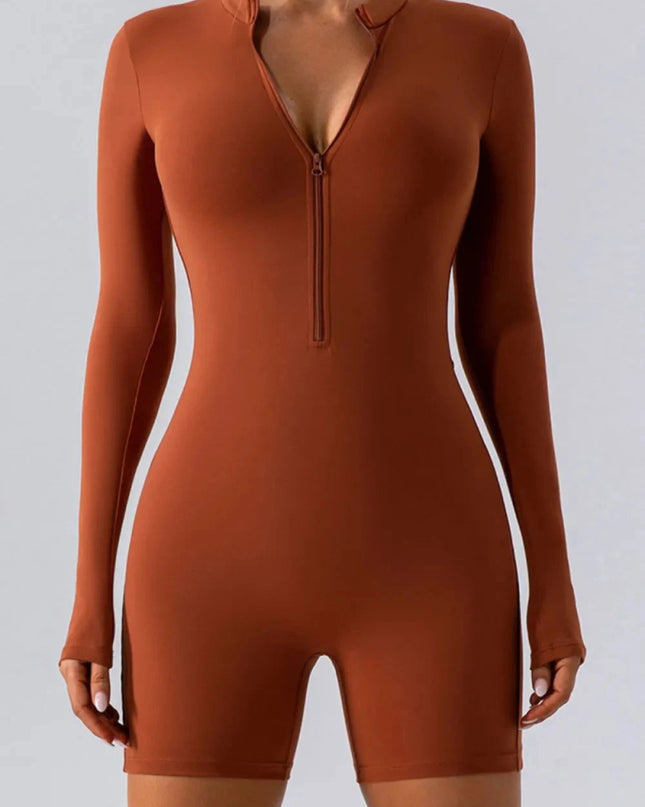 Half Zip Long Sleeve Active Romper - Trendsi