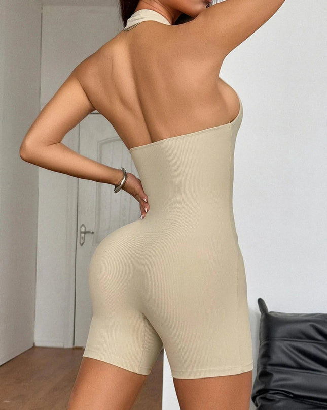 Halter Neck Ribbed Athletic Romper - Trendsi