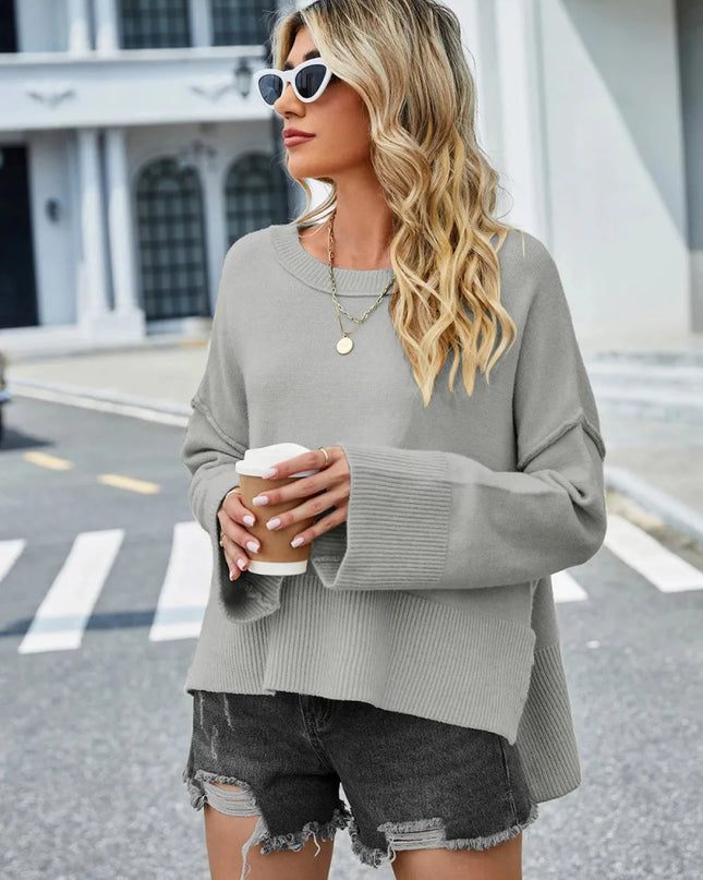 High - Low Slit Round Neck Long Sleeve Sweater - Trendsi