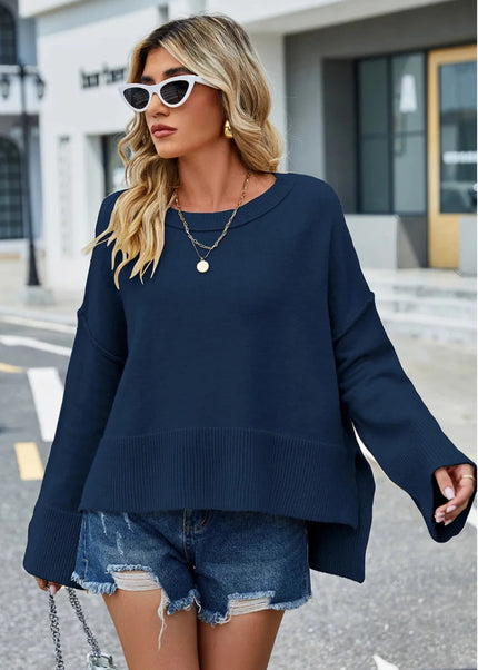 High - Low Slit Round Neck Long Sleeve Sweater - Trendsi