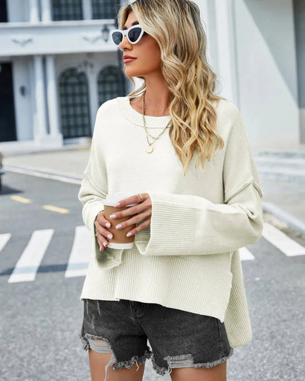 High - Low Slit Round Neck Long Sleeve Sweater - Trendsi