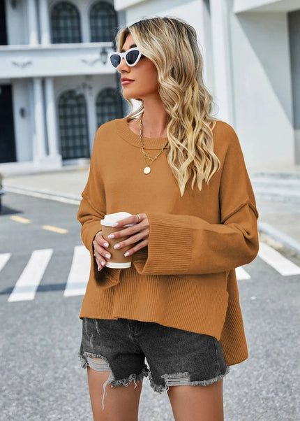 High - Low Slit Round Neck Long Sleeve Sweater - Trendsi