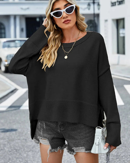 High - Low Slit Round Neck Long Sleeve Sweater - Trendsi