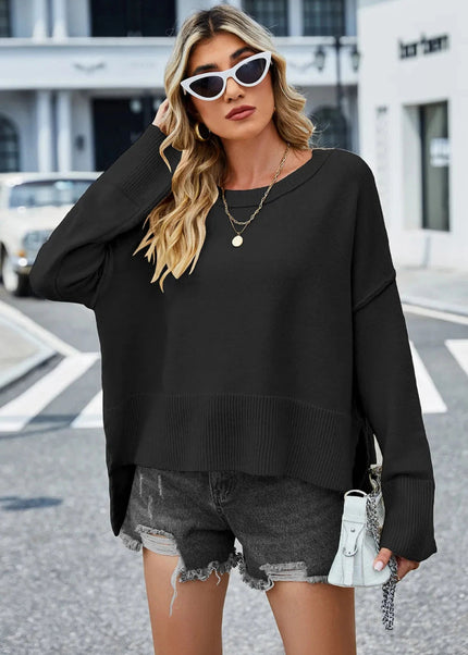High - Low Slit Round Neck Long Sleeve Sweater - Trendsi
