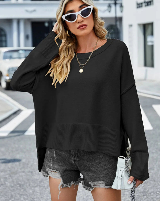 High - Low Slit Round Neck Long Sleeve Sweater - Trendsi