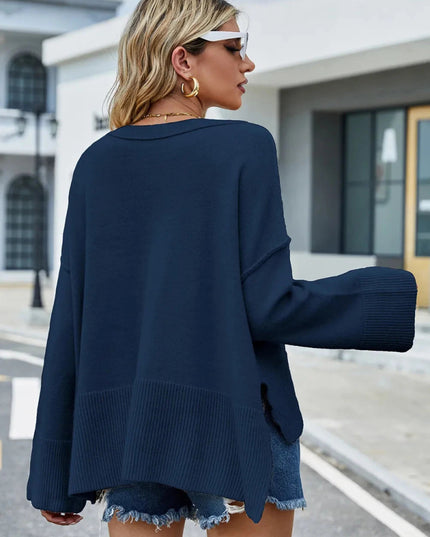 High - Low Slit Round Neck Long Sleeve Sweater - Trendsi