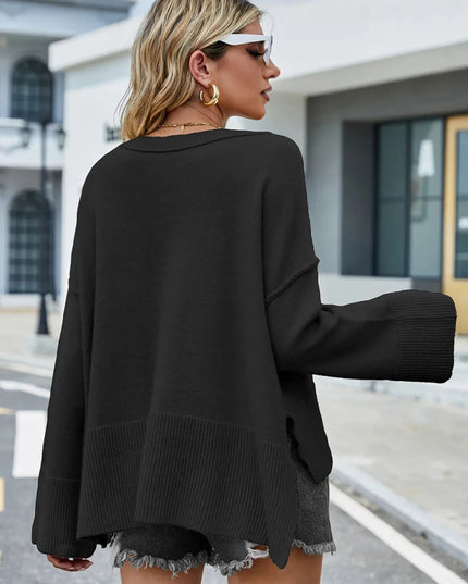 High - Low Slit Round Neck Long Sleeve Sweater - Trendsi