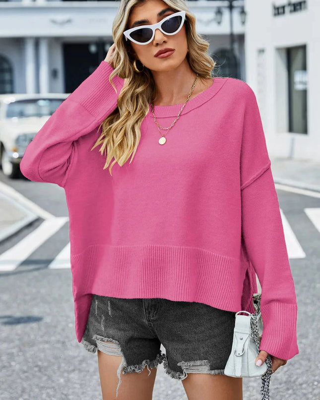 High - Low Slit Round Neck Long Sleeve Sweater - Trendsi