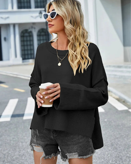 High - Low Slit Round Neck Long Sleeve Sweater - Trendsi