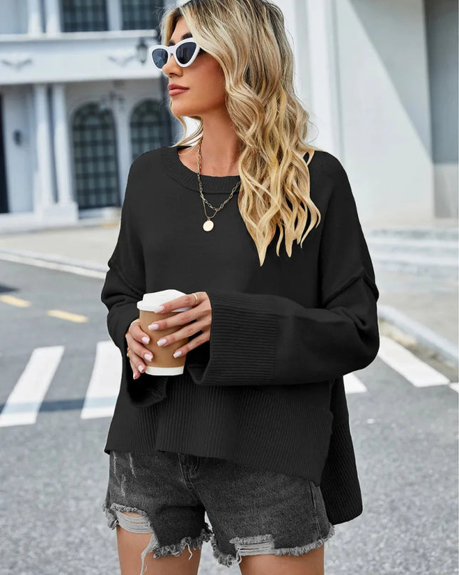 High - Low Slit Round Neck Long Sleeve Sweater - Trendsi