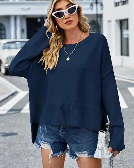 High - Low Slit Round Neck Long Sleeve Sweater - Trendsi